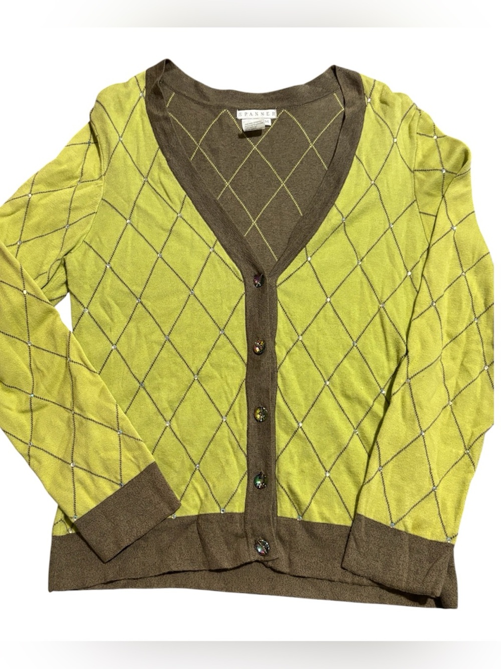 🧳SpannerGreen Contrast-Trim Diamond Cardigan Sweater